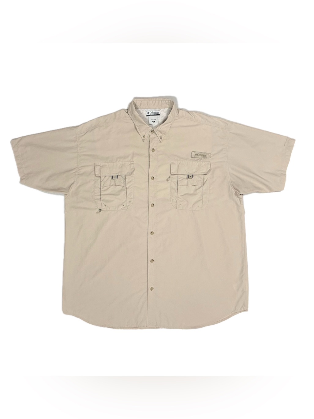 Columbia Pfg Omni Shade Beige Mesh Line Short Sleeve Button Fishing Shirt Men Xl